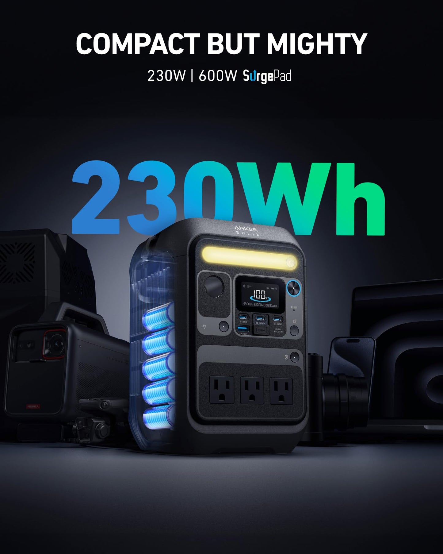 Anker Portable Power Station SOLIX C300, 288Wh LiFePO4 Battery, 300W (600W Surge) Solar Generator, 140W Two-Way Fast Charging, for Outdoor Camping, Traveling, and Emergencies (Solar Panel Optional)