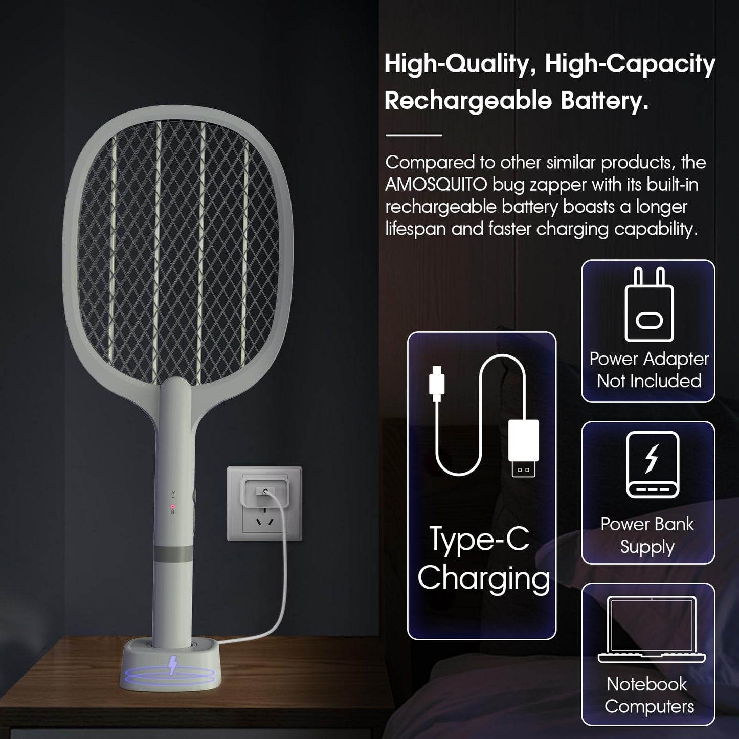 Bug Zapper Racket, Electric Fly Swatter Rechargeable Mosquito Zapper Racket for Indoor and Outdoor - 2000mAh - 2 Pack