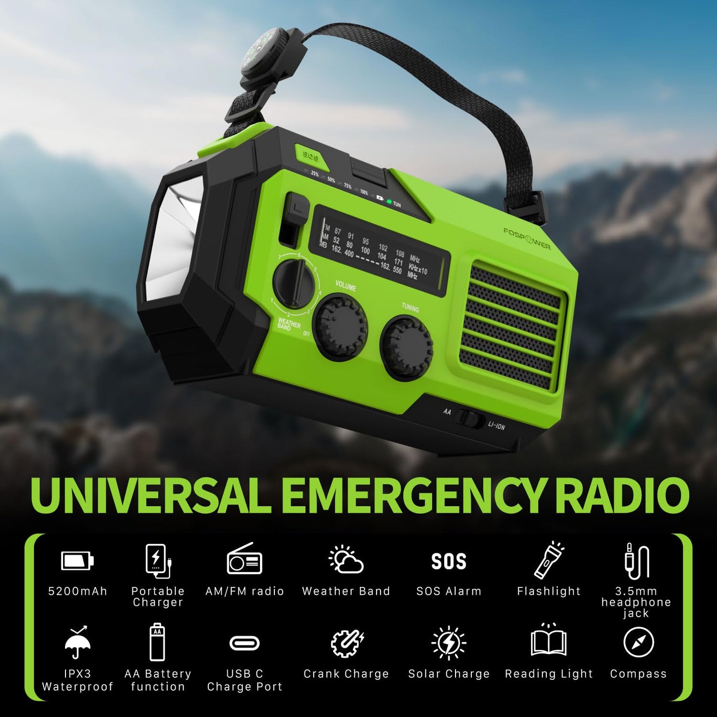 FosPower Emergency Weather Radio (Model A1) NOAA/AM/FM with 7400mWh Portable Power Bank, USB/Solar/Hand Crank Charging, Battery Operated, SOS Alarm & Flashlight for Indoor/Outdoor Emergencies