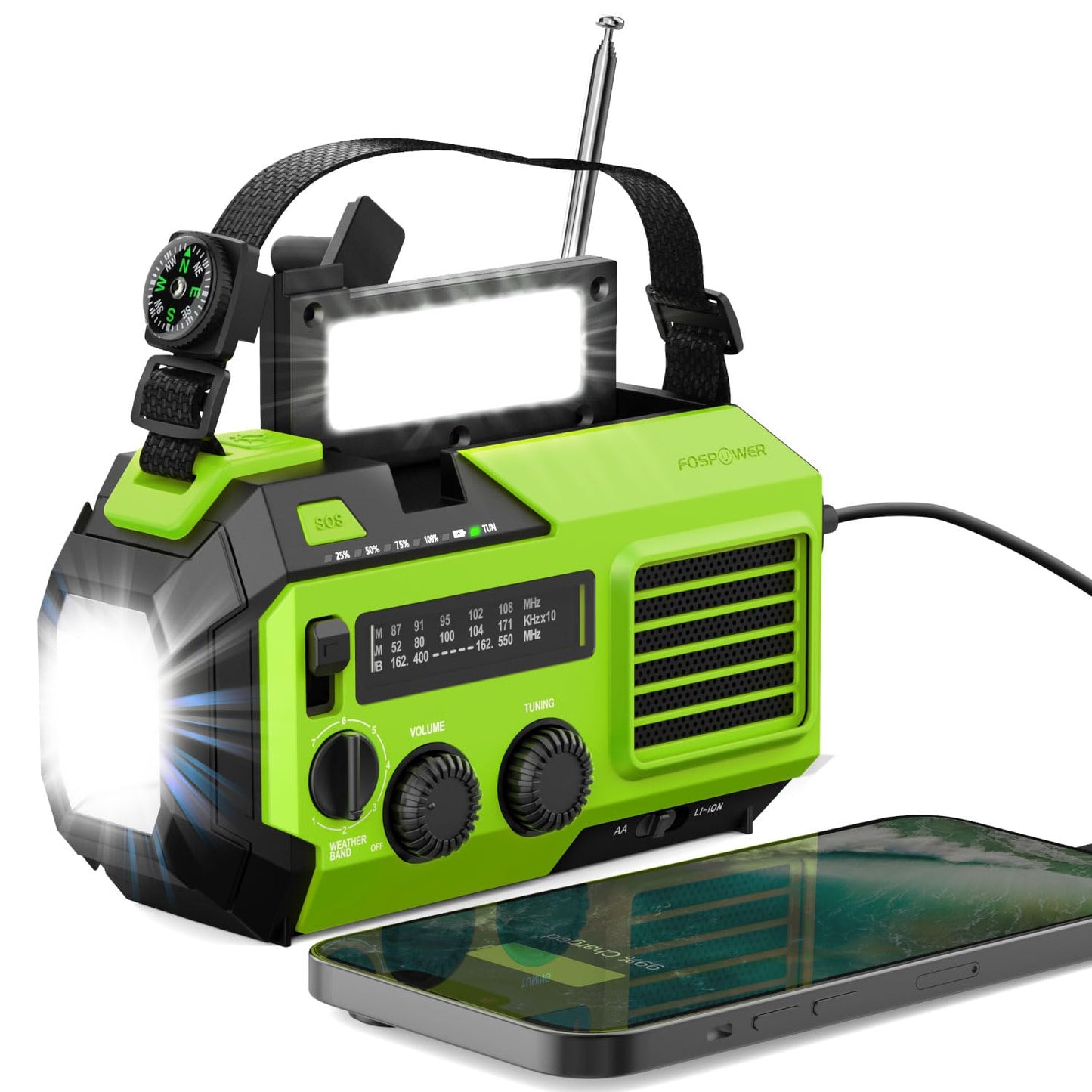 FosPower Emergency Weather Radio (Model A1) NOAA/AM/FM with 7400mWh Portable Power Bank, USB/Solar/Hand Crank Charging, Battery Operated, SOS Alarm & Flashlight for Indoor/Outdoor Emergencies