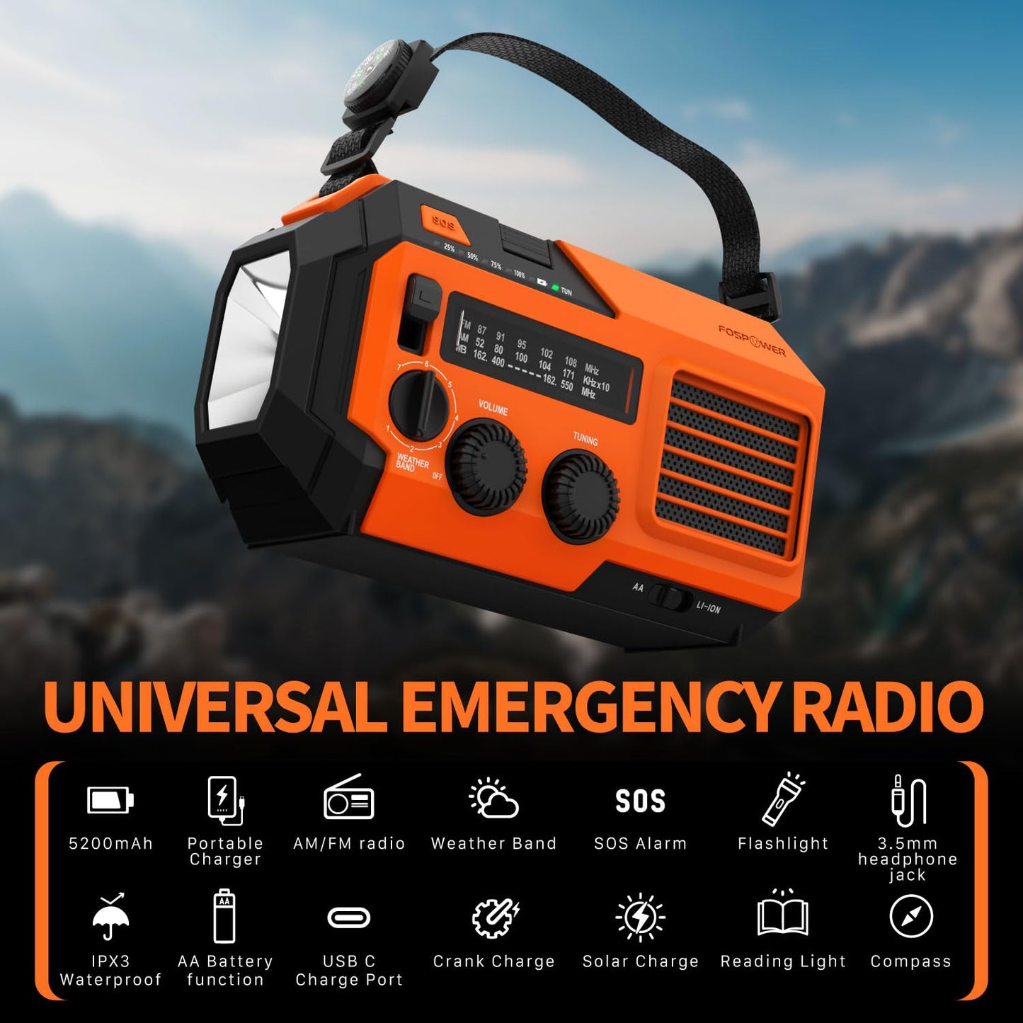 FosPower Emergency Weather Radio (Model A1) NOAA/AM/FM with 7400mWh Portable Power Bank, USB/Solar/Hand Crank Charging, Battery Operated, SOS Alarm & Flashlight for Indoor/Outdoor Emergencies