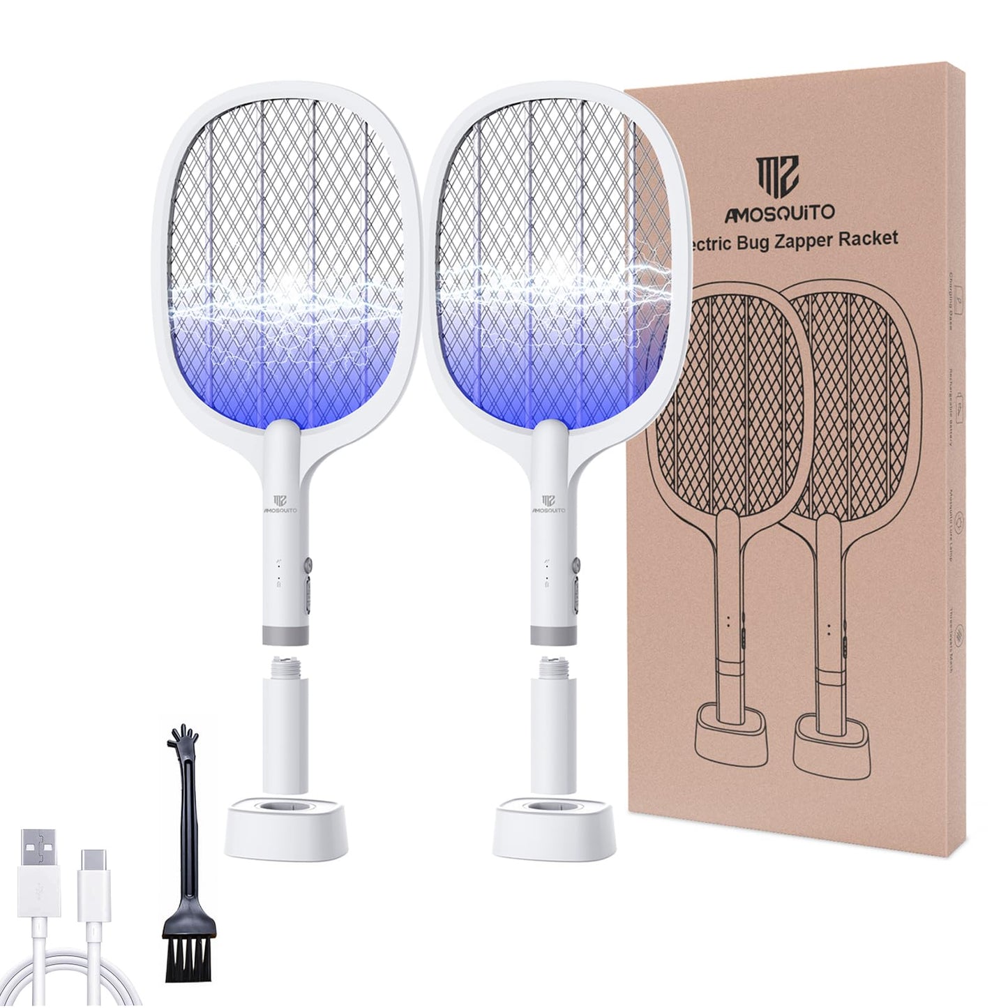 Bug Zapper Racket, Electric Fly Swatter Rechargeable Mosquito Zapper Racket for Indoor and Outdoor - 2000mAh - 2 Pack