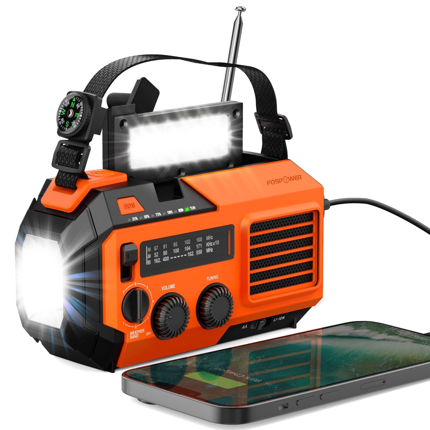 FosPower Emergency Weather Radio (Model A1) NOAA/AM/FM with 7400mWh Portable Power Bank, USB/Solar/Hand Crank Charging, Battery Operated, SOS Alarm & Flashlight for Indoor/Outdoor Emergencies