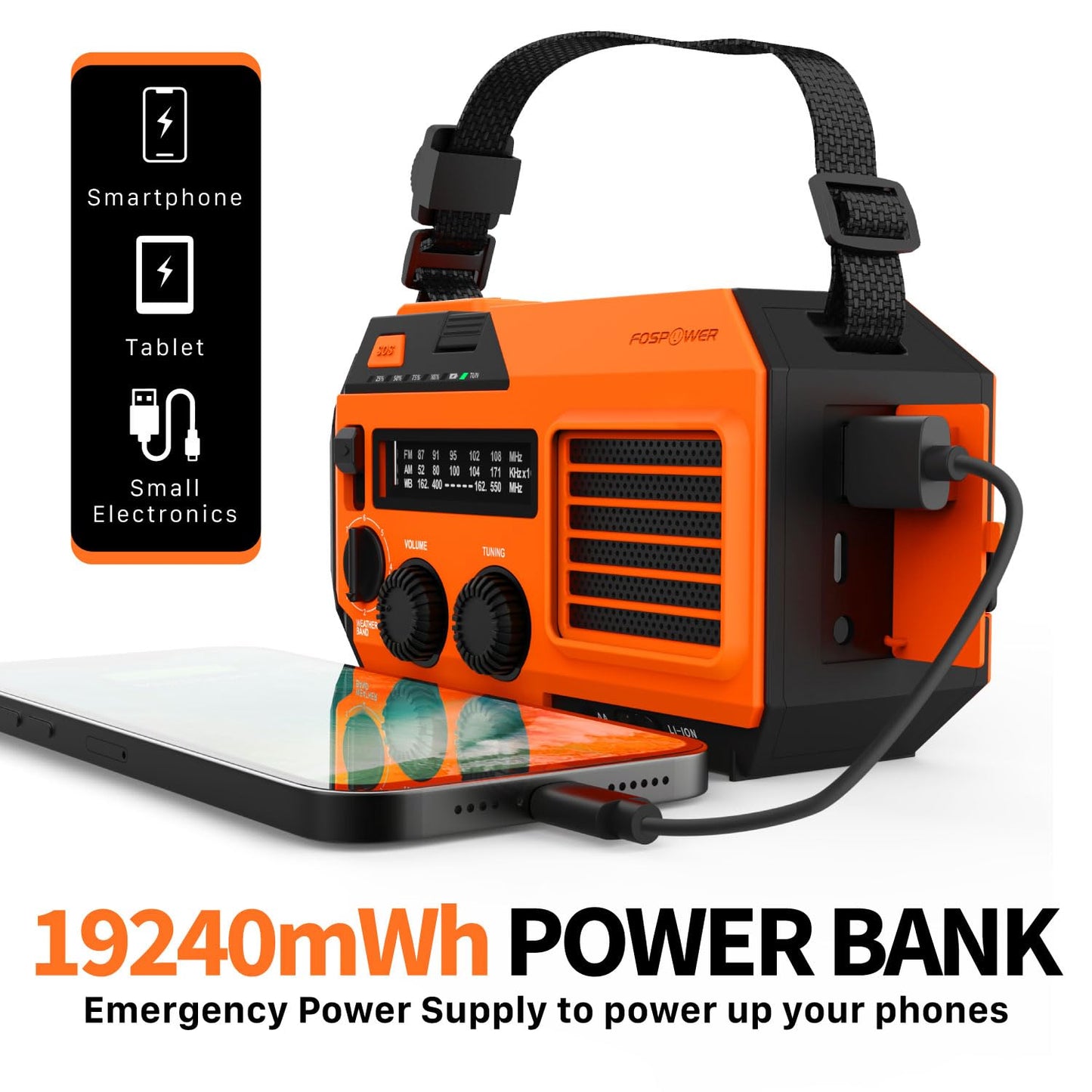 FosPower Emergency Weather Radio (Model A1) NOAA/AM/FM with 7400mWh Portable Power Bank, USB/Solar/Hand Crank Charging, Battery Operated, SOS Alarm & Flashlight for Indoor/Outdoor Emergencies