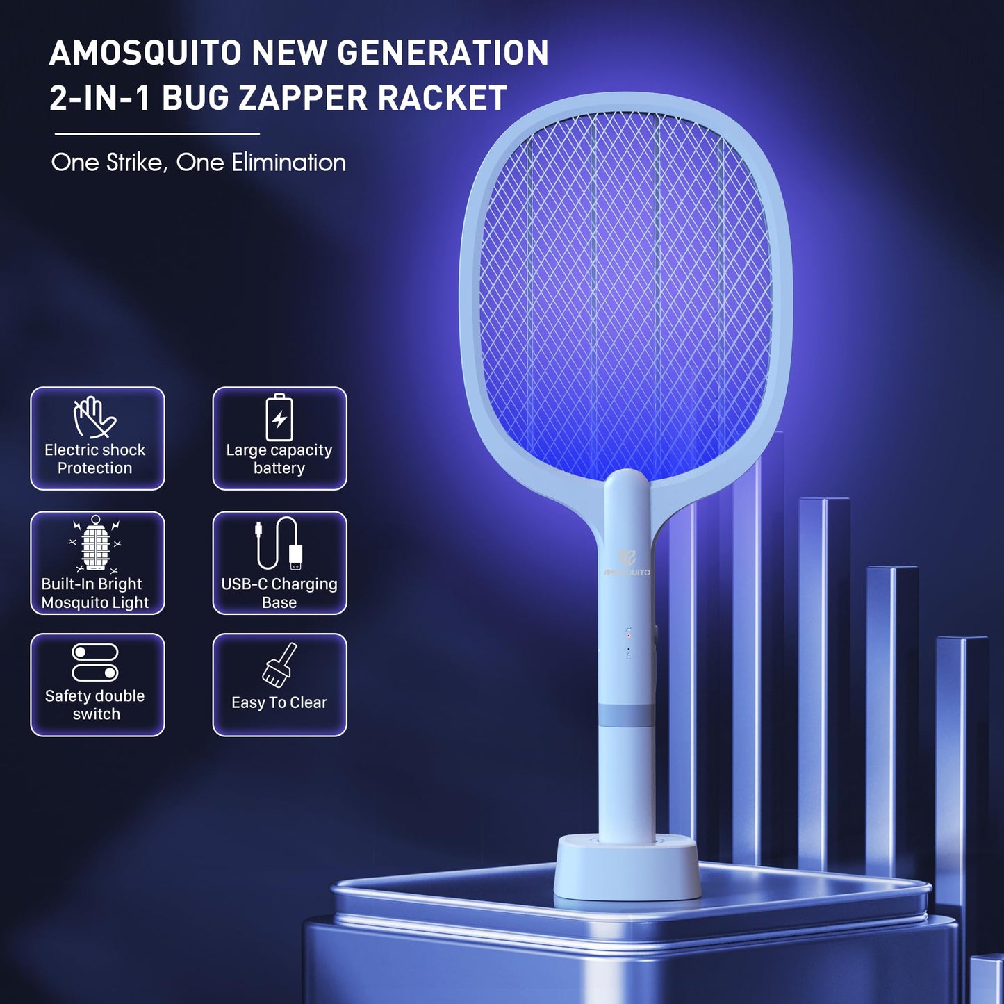 Bug Zapper Racket, Electric Fly Swatter Rechargeable Mosquito Zapper Racket for Indoor and Outdoor - 2000mAh - 2 Pack
