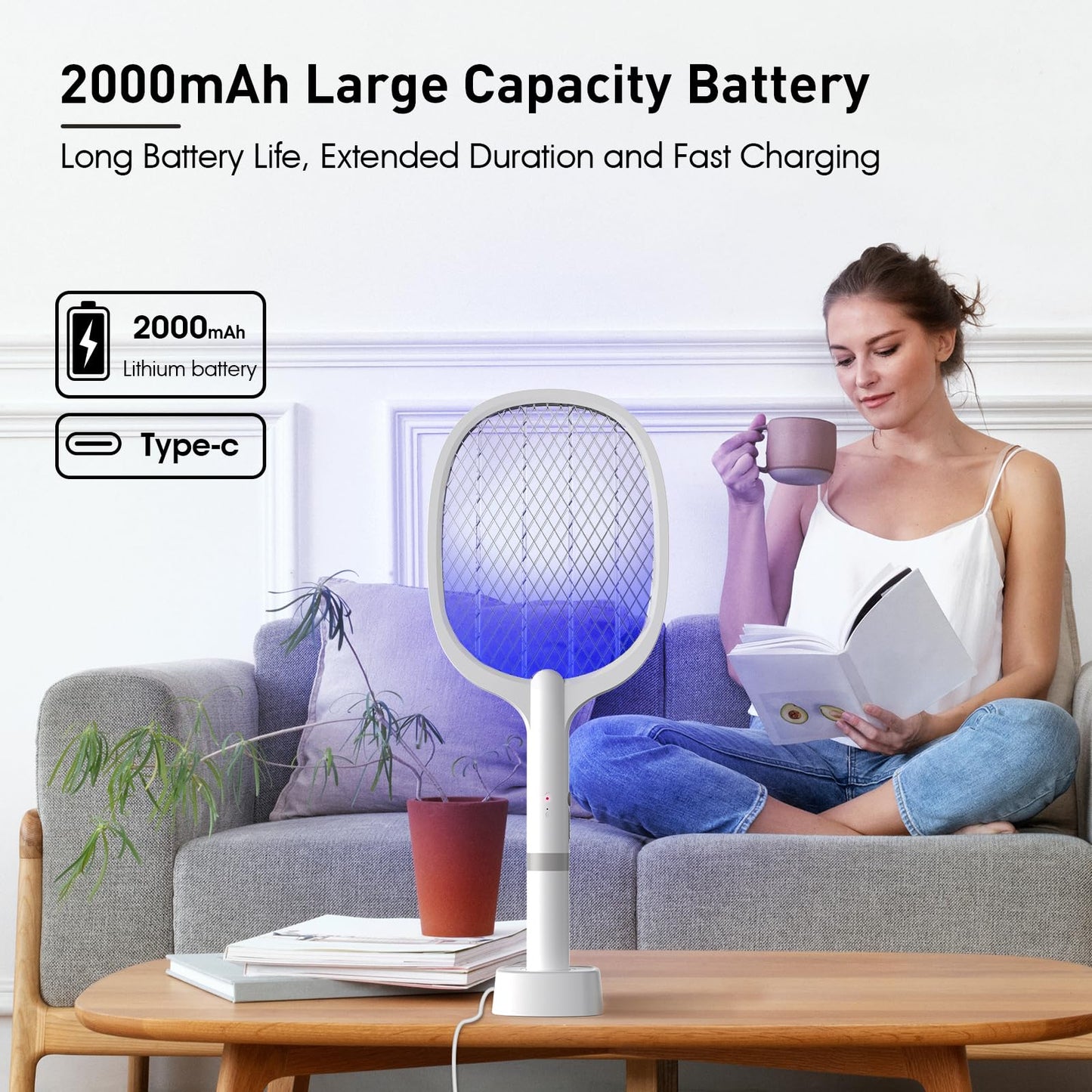 Bug Zapper Racket, Electric Fly Swatter Rechargeable Mosquito Zapper Racket for Indoor and Outdoor - 2000mAh - 2 Pack