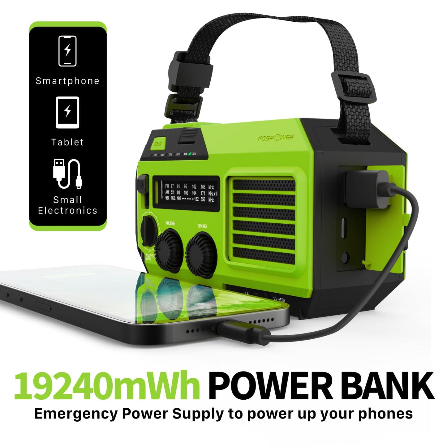FosPower Emergency Weather Radio (Model A1) NOAA/AM/FM with 7400mWh Portable Power Bank, USB/Solar/Hand Crank Charging, Battery Operated, SOS Alarm & Flashlight for Indoor/Outdoor Emergencies
