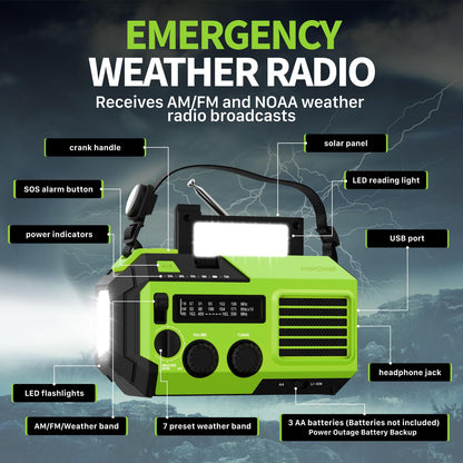 FosPower Emergency Weather Radio (Model A1) NOAA/AM/FM with 7400mWh Portable Power Bank, USB/Solar/Hand Crank Charging, Battery Operated, SOS Alarm & Flashlight for Indoor/Outdoor Emergencies