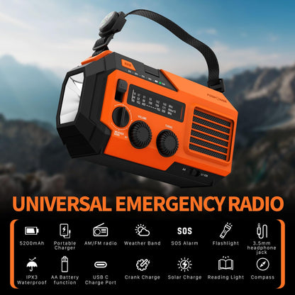 FosPower Emergency Weather Radio (Model A1) NOAA/AM/FM with 7400mWh Portable Power Bank, USB/Solar/Hand Crank Charging, Battery Operated, SOS Alarm & Flashlight for Indoor/Outdoor Emergencies