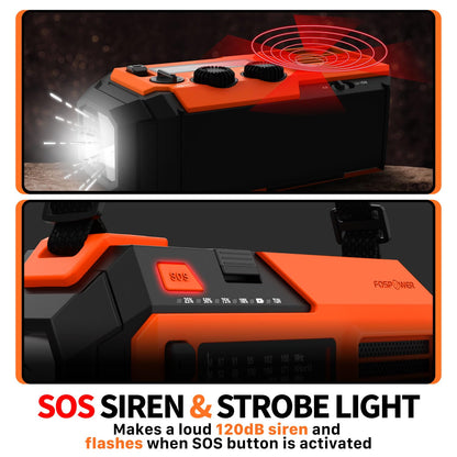 FosPower Emergency Weather Radio (Model A1) NOAA/AM/FM with 7400mWh Portable Power Bank, USB/Solar/Hand Crank Charging, Battery Operated, SOS Alarm & Flashlight for Indoor/Outdoor Emergencies