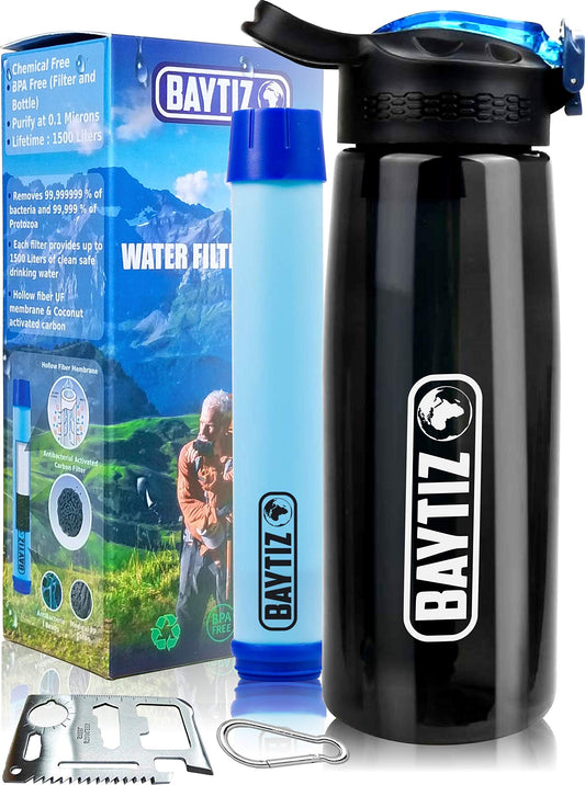Baytiz ® Botella de Agua con Filtro Purificador sin BPA - Paja de Supervivencia de Carbón Activado Filtros Purificadores Accesorios Pastillas Potabilizadoras Filtrada Potabilizador Deporte Grifo Water